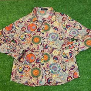 Luc Matton Women L Groovy Artsy Paisley Colorful Long Sleeve Cotton Button‎ Up